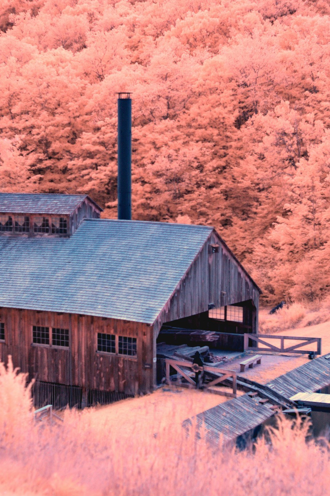 An old wooden building in the middle of a field