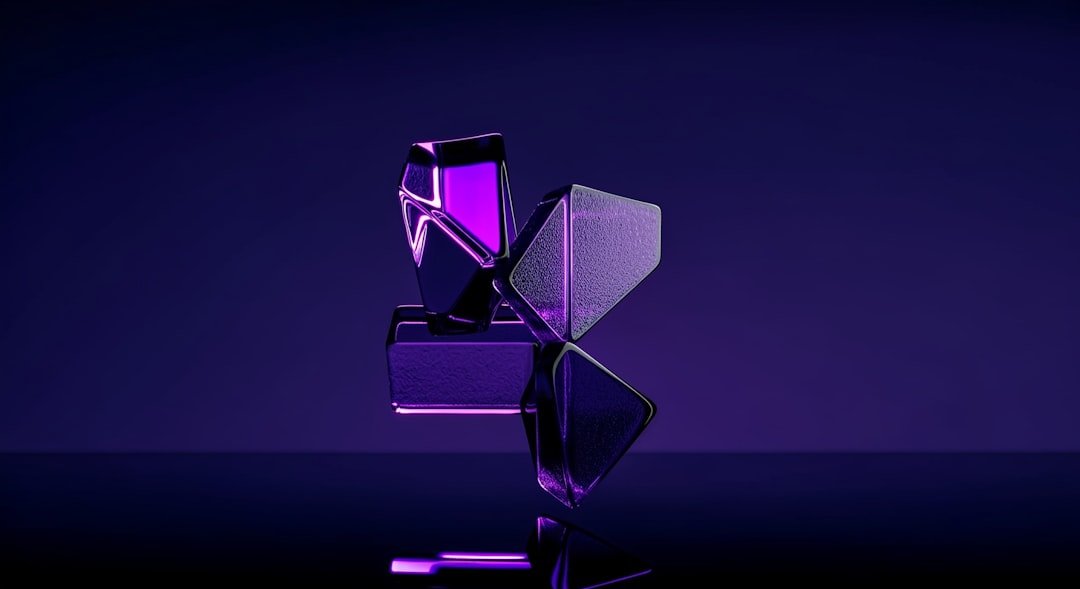 Abstract purple geometric sculpture on reflective surface