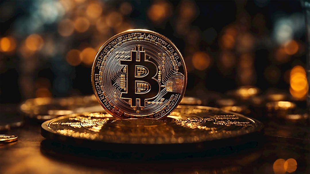 a bitcoin sitting on top of a pile of gold coins