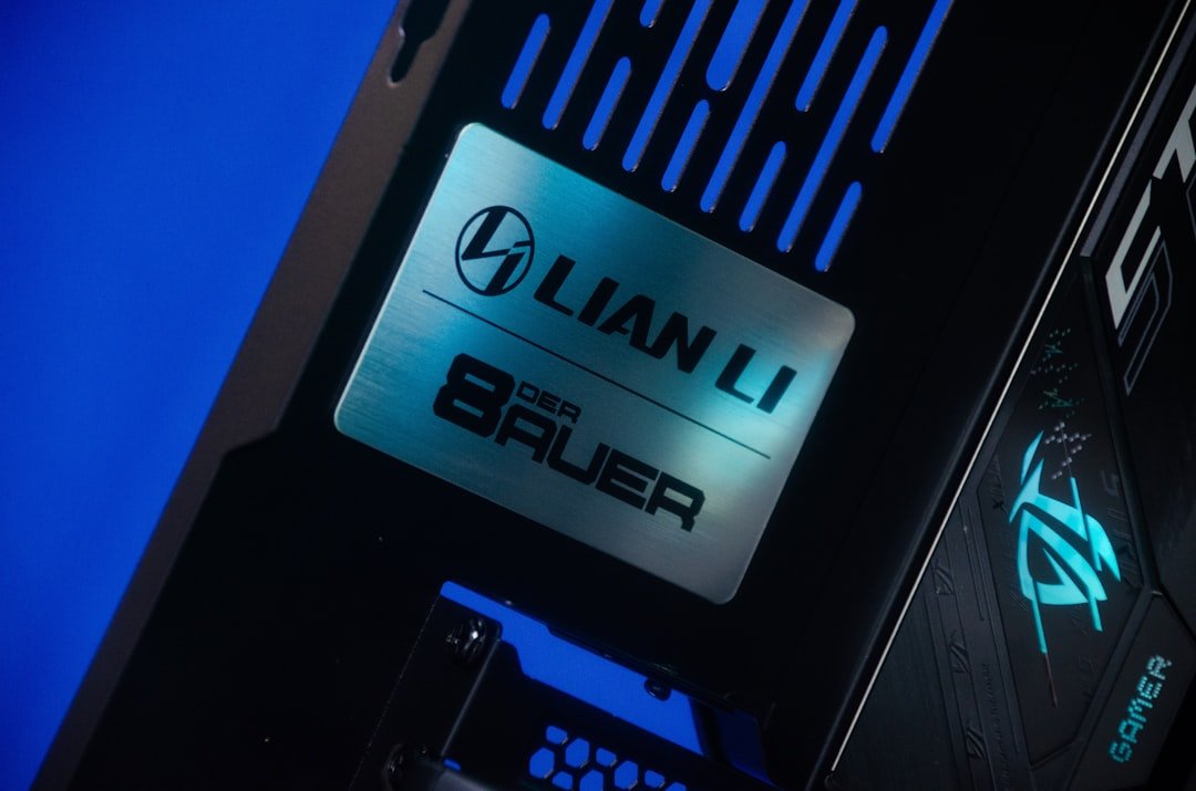 a close up of a computer with a logo on it