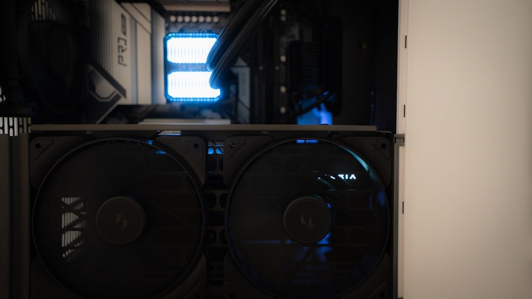 Inside of a computer tower with fans.