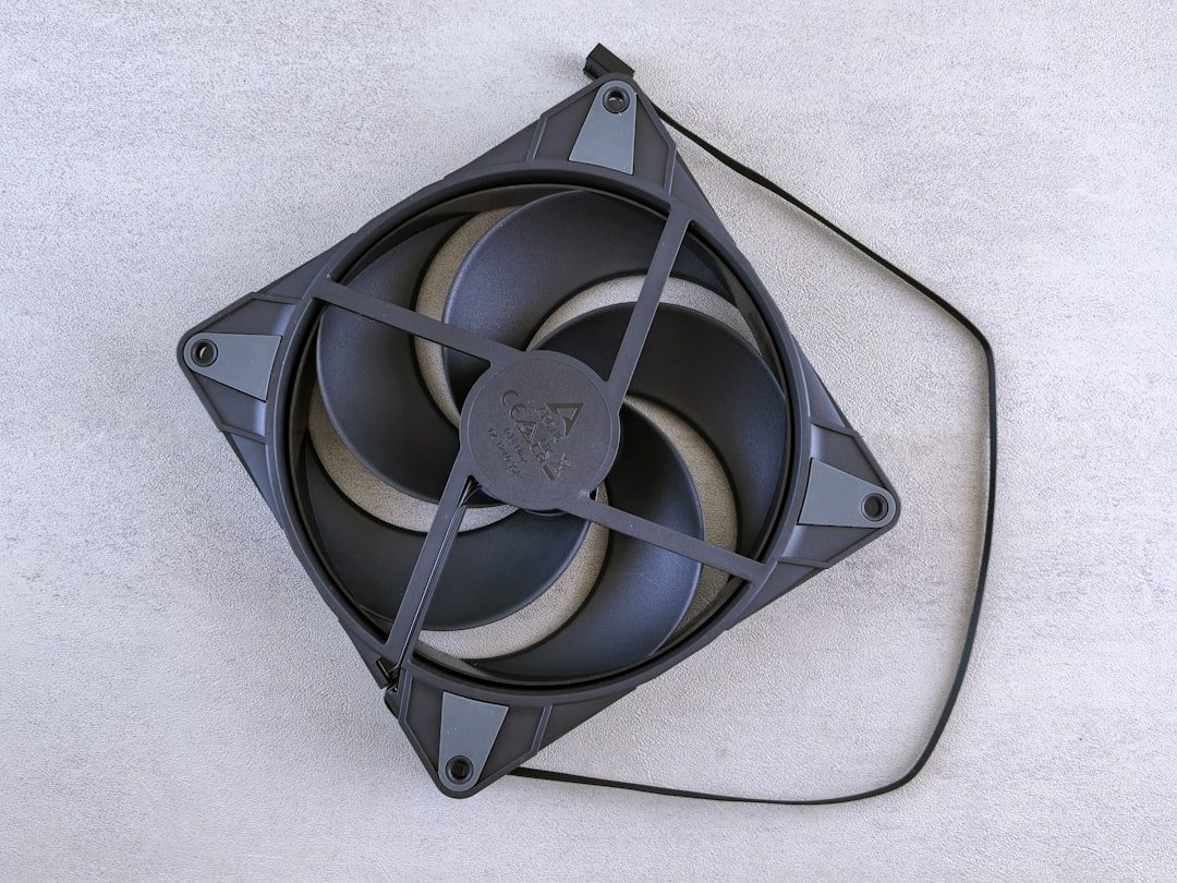 A black computer fan is shown in the image.
