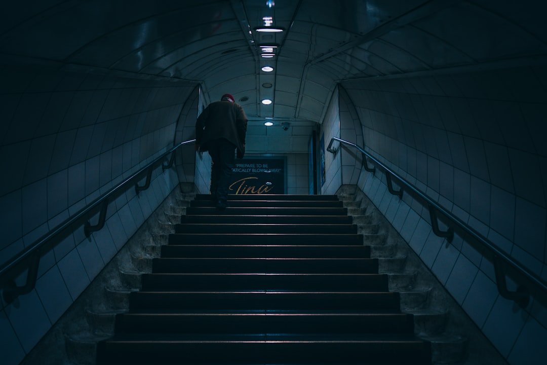 a person walking up a flight of stairs