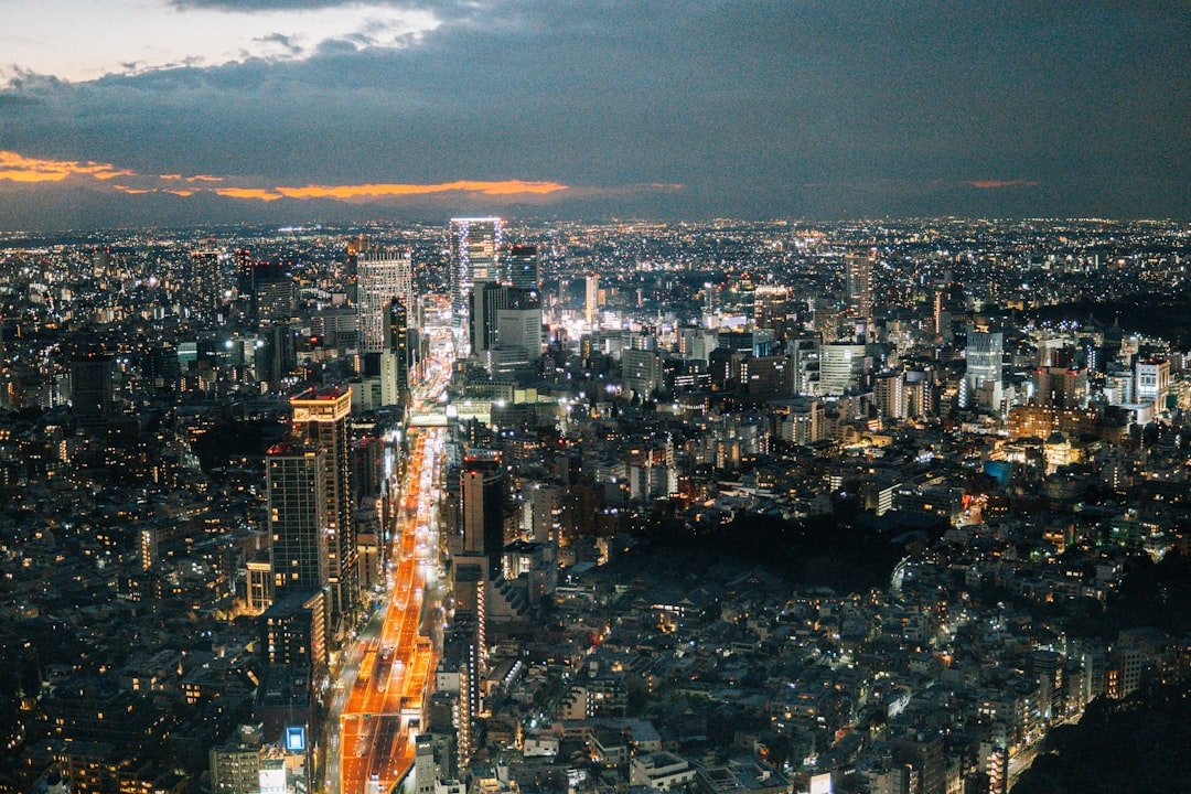An aerial view of a city at night
