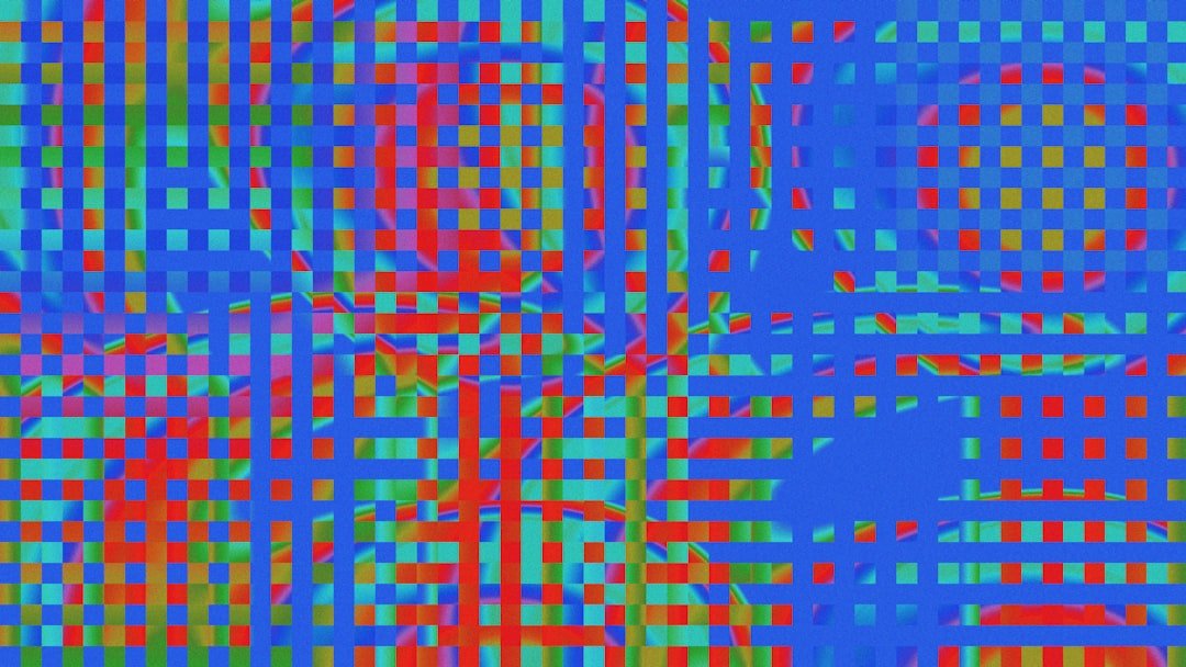 A blue and red background with squares and lines