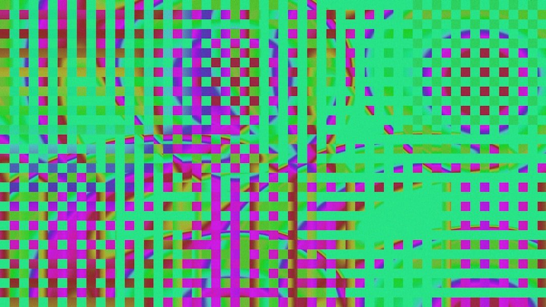A green and pink background with squares and circles