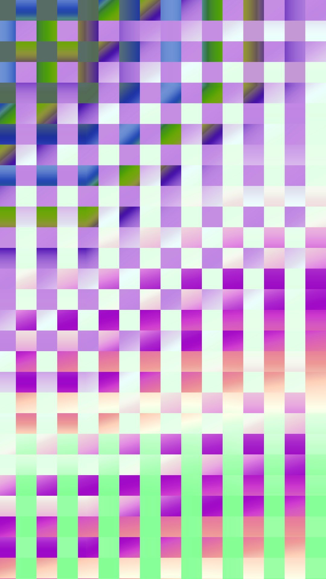 Abstract checkered pattern with purple and green gradient.