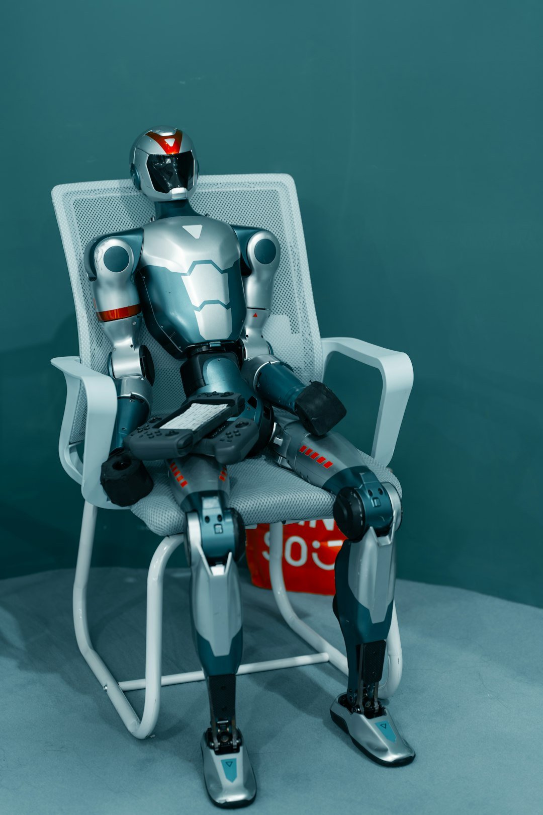 A metallic robot sits on a white chair.