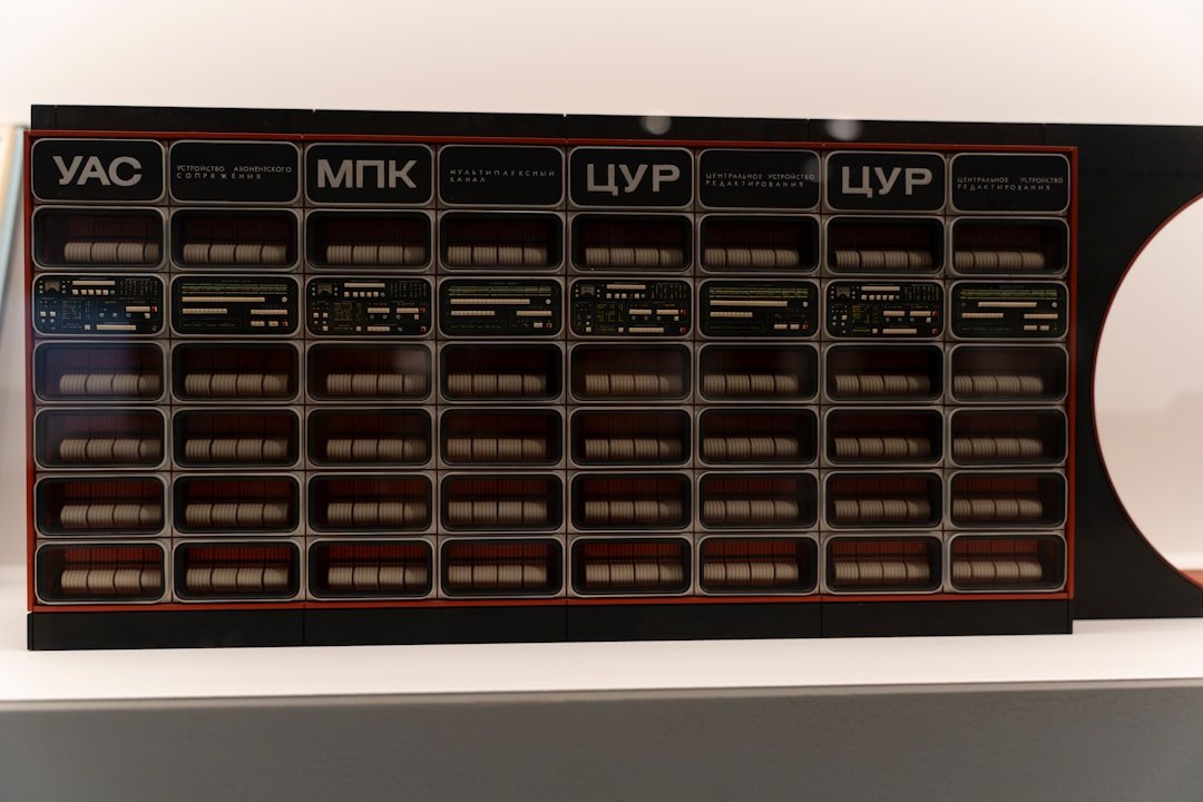 A rack of electronic components with labels.